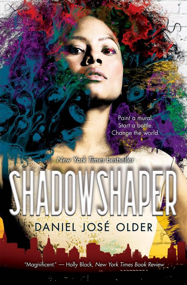 "shadowshaper" book cover featuring the photo of a woman with large glorious hair overlaid with colorful floral print